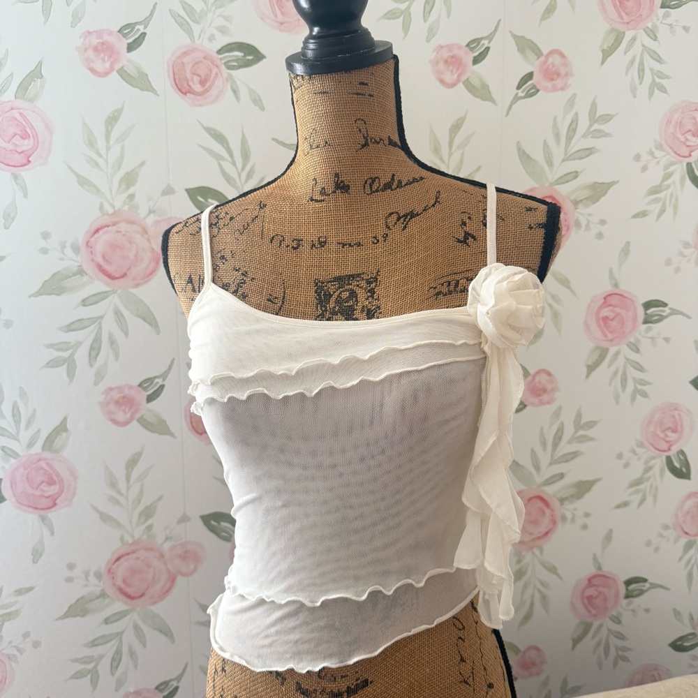 Ivory Sheer Cami With Rose & Ruffle Detail - Picture 2 of 5